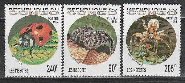 Насекомые, Пауки, Конго 1994, 3 марки